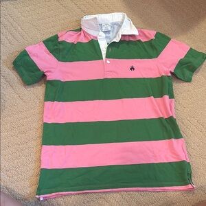 Brooks Brothers Green and Pink Striped Polo Shirt